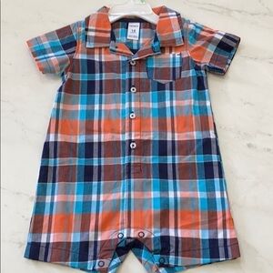 Orange, blue, white flannel bodysuit button down